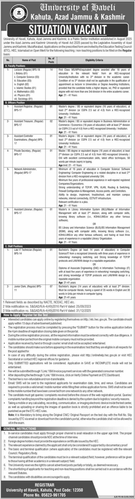 University of Haveli Kahuta New Jobs 2026 - Apply Online for Lecturer & Staff Vacancies in Kahuta