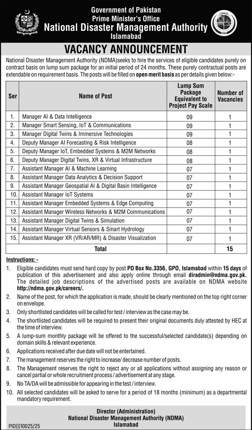National Disaster Management Authority (NDMA) New Jobs 2026 - Apply Online for Manager & Assistant Manager Vacancies in Islamabad