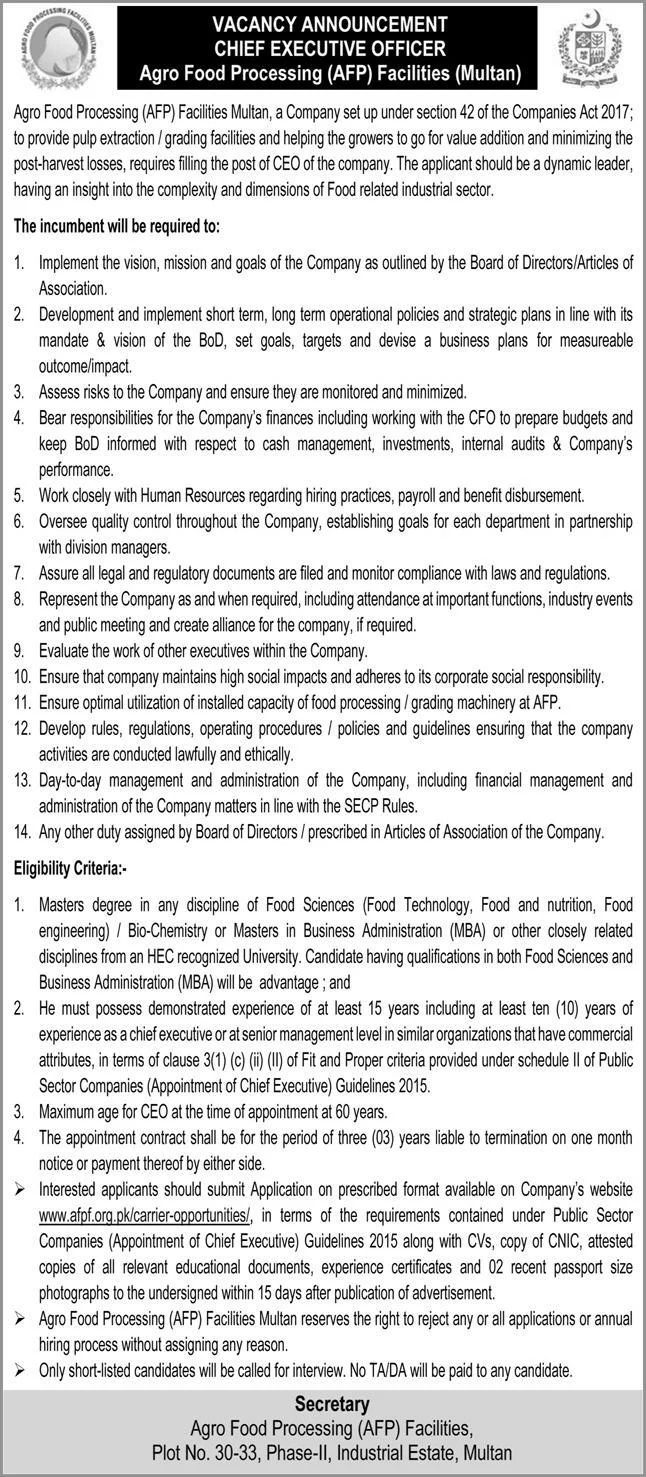 Agro Food Processing AFP Facilities Multan New Jobs 2026 - Apply Online for Chief Executive Officer Vacancies in Multan