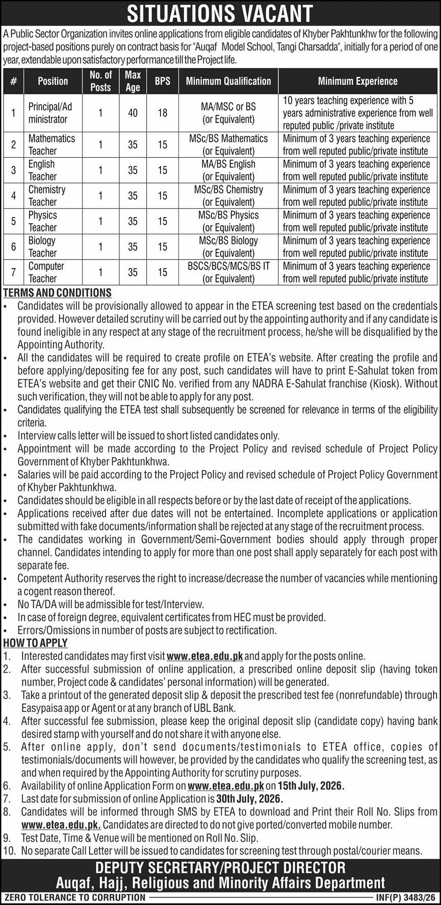 Auqaf Hajj Religious & Minority Affairs Department New Jobs 2026 - Apply Online for Principal and Teacher Vacancies in Tangi Charsadda
