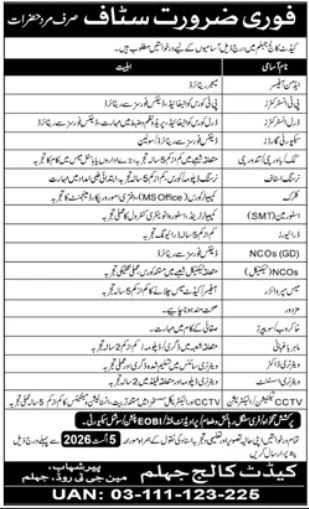Cadet College Jhelum New Jobs 2026 - Apply Online for Multiple Vacancies in Jhelum