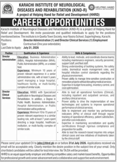 Helping Hand for Relief and Development HHRD New Jobs 2026 - Apply Online for Director Administration and Clinical Services Vacancies in Karachi