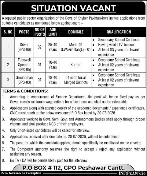 Public Sector Organization Govt of Khyber Pakhtunkhwa New Jobs 2026 - Apply Online for Driver, Tubewell Operator, and Groundman Vacancies in Peshawar