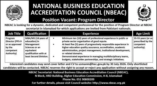 National Business Education Accreditation Council NBEAC New Jobs 2026 - Apply Online for Program Director Vacancies in Islamabad