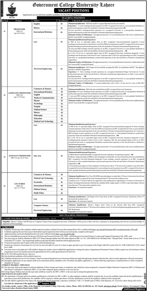 Government College University Lahore New Jobs 2026 - Apply Online for Teaching & Non Teaching Vacancies in Lahore