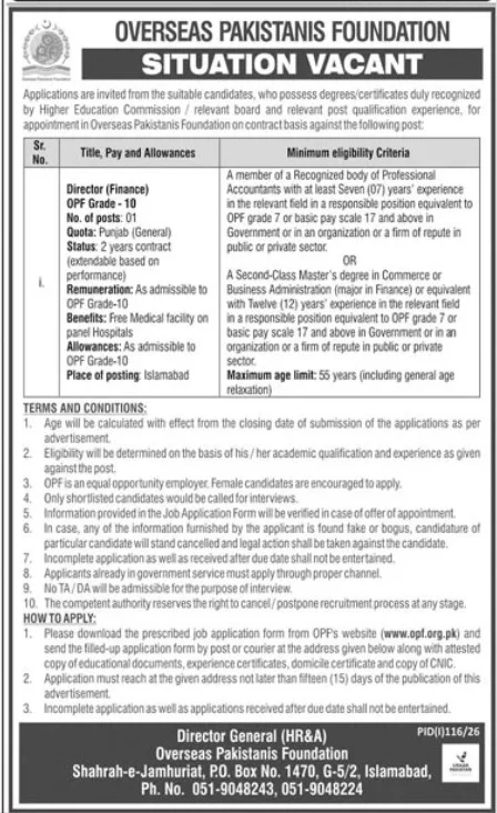 Overseas Pakistanis Foundation New Jobs 2026 - Apply Online for Director (Finance) Vacancies in Islamabad