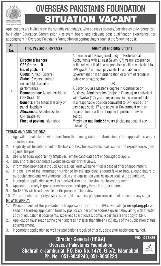 Overseas Pakistanis Foundation OPF New Jobs 2026 - Apply Online for Director (Finance) Vacancies in Islamabad