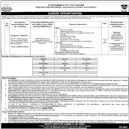 Punjab Enforcement and Regulatory Authority PERA New Jobs 2026 - Apply Online for Sergeant Vacancies in Punjab