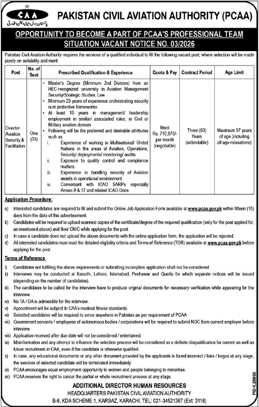 Pakistan Civil Aviation Authority (PCAA) New Jobs 2026 - Apply Online for Director Aviation Security & Facilitation Vacancies in Karachi