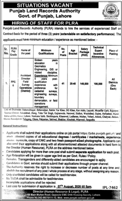 Punjab Land Records Authority New Jobs 2026 - Apply Online for Assistant Director Field Survey Operations Vacancies in Lahore